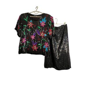 1980’s Jean For Joseph Le Bon VTG 100% Pure Silk Sequin Floral Beaded Set SZ X2